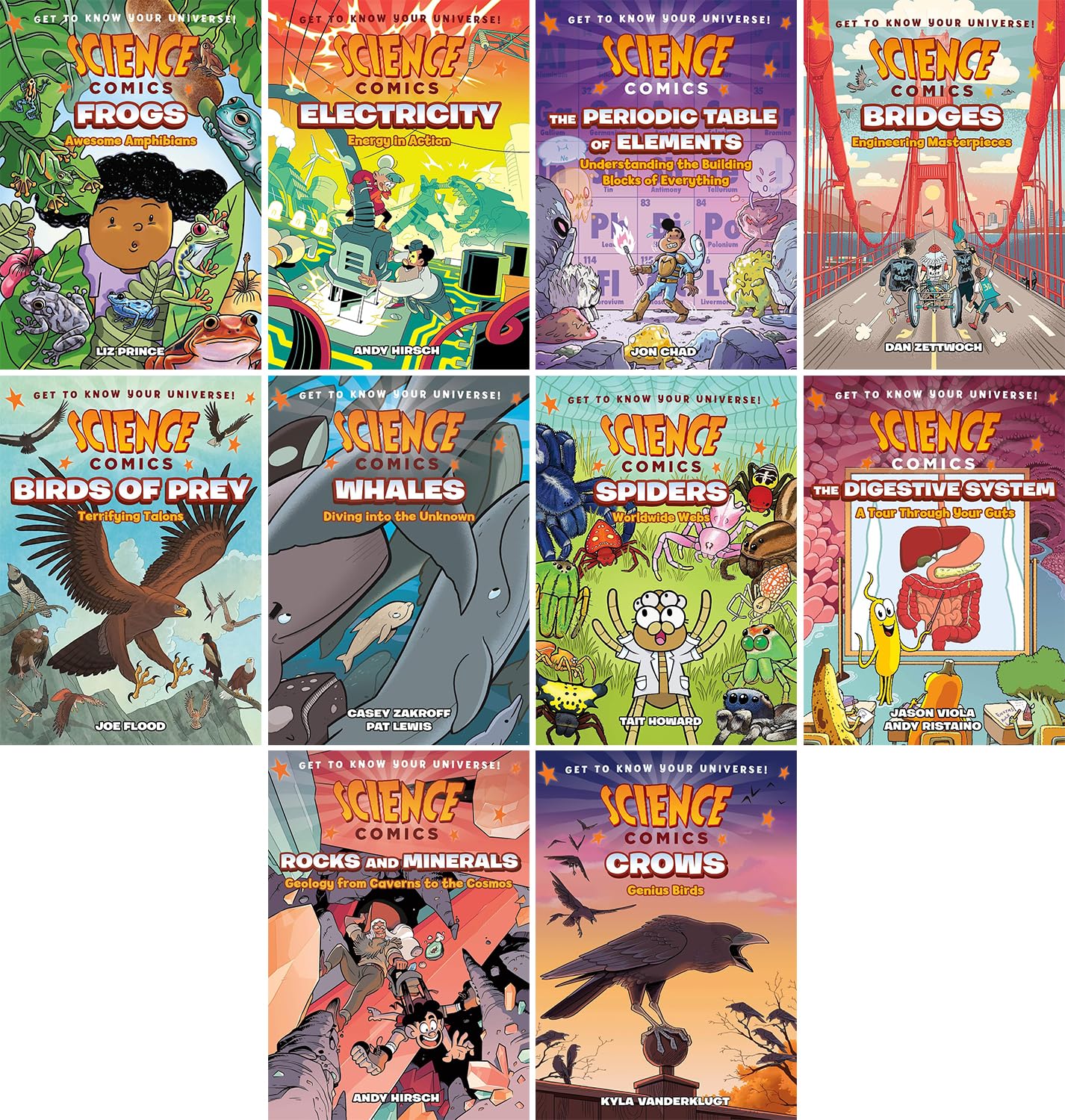 Science Comics: Get to Know Your Universe! 10-Book Collection – Rocks and Minerals, Digestive System, Spiders, Whales, Birds of Prey, Bridges, Periodic Table of Elements, Electricity, Frogs, Crows