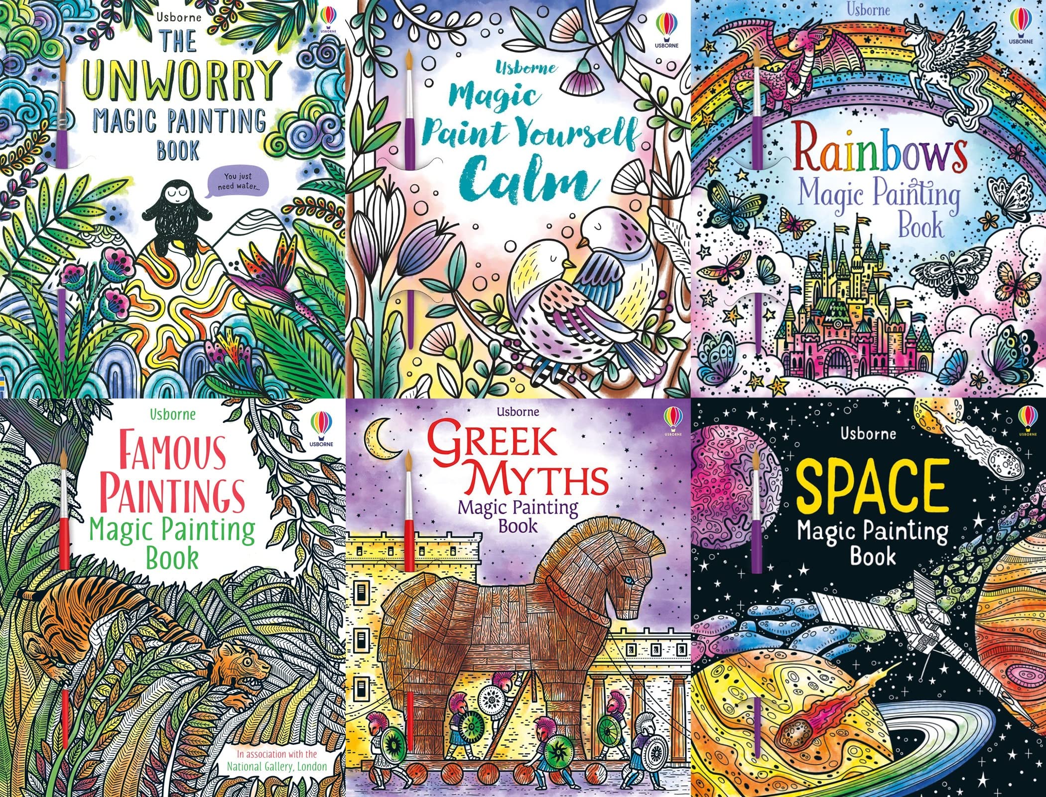 Magic Painting Book 6 Books Collection Pack Set #4 (Famous Paintings, Greek Myths, Magic Paint Yourself Calm, Rainbows,Space,Unworry)