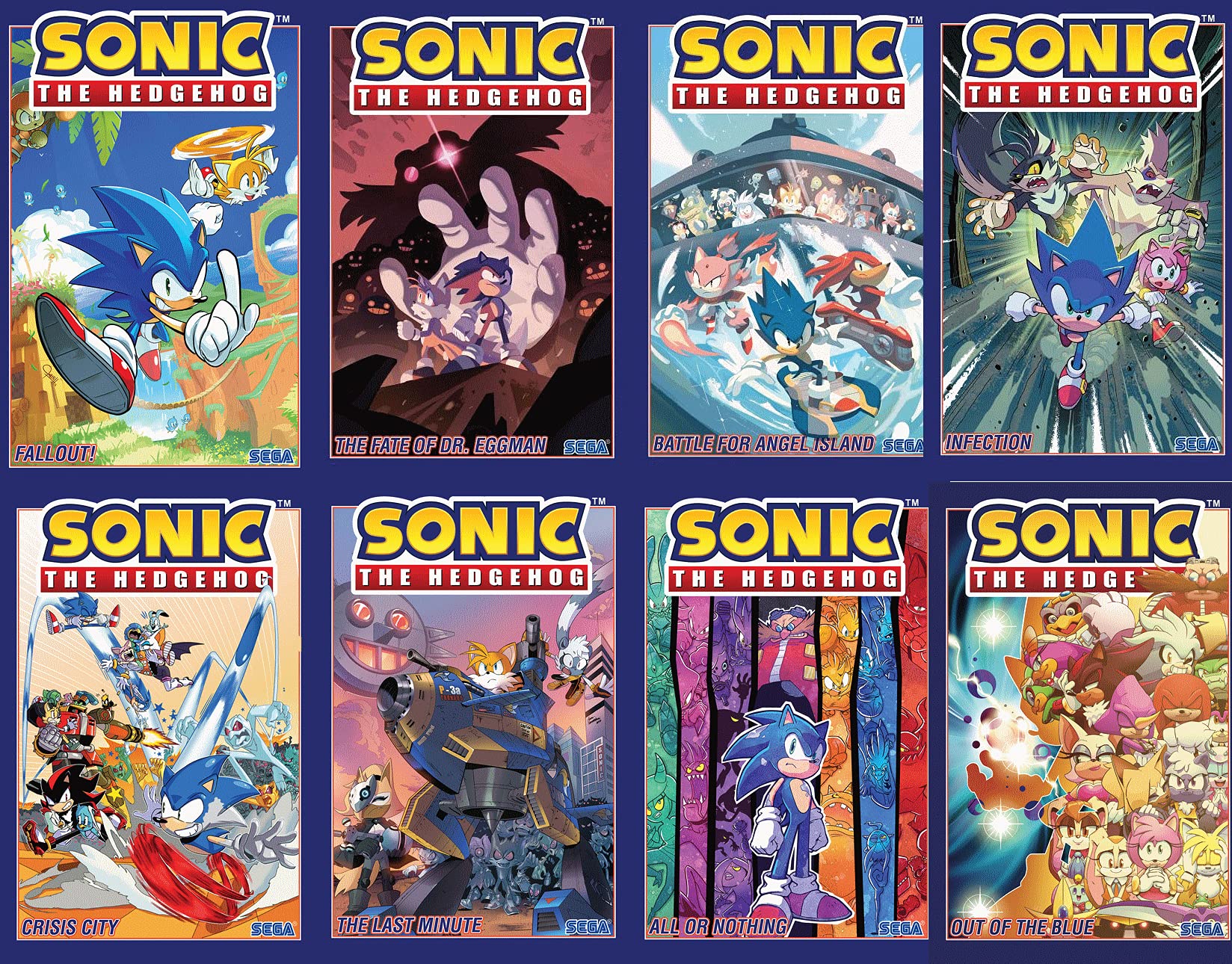 Sonic the Hedgehog Series 8 book set (vol 1-8: Fallout, The Fate of Dr. Eggman, Battle for Angel Island ,Infection,Crisis City,The Last Minute, All or Nothing,Out of the Blue)
