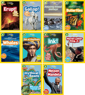 National Geographic Kids Readers Level 3 10-Book Set – Erupt!, Gallop!, Amazing Animal Journeys, Butterflies, Whales, Ibn Al-Haytham, Ink!, Martin Luther King, Jr., Mythical Beasts, Nelson Mandela